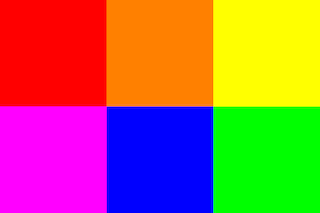 A 3x2 image of with pixels the color of red, orange, yellow, magenta, blue, and green
